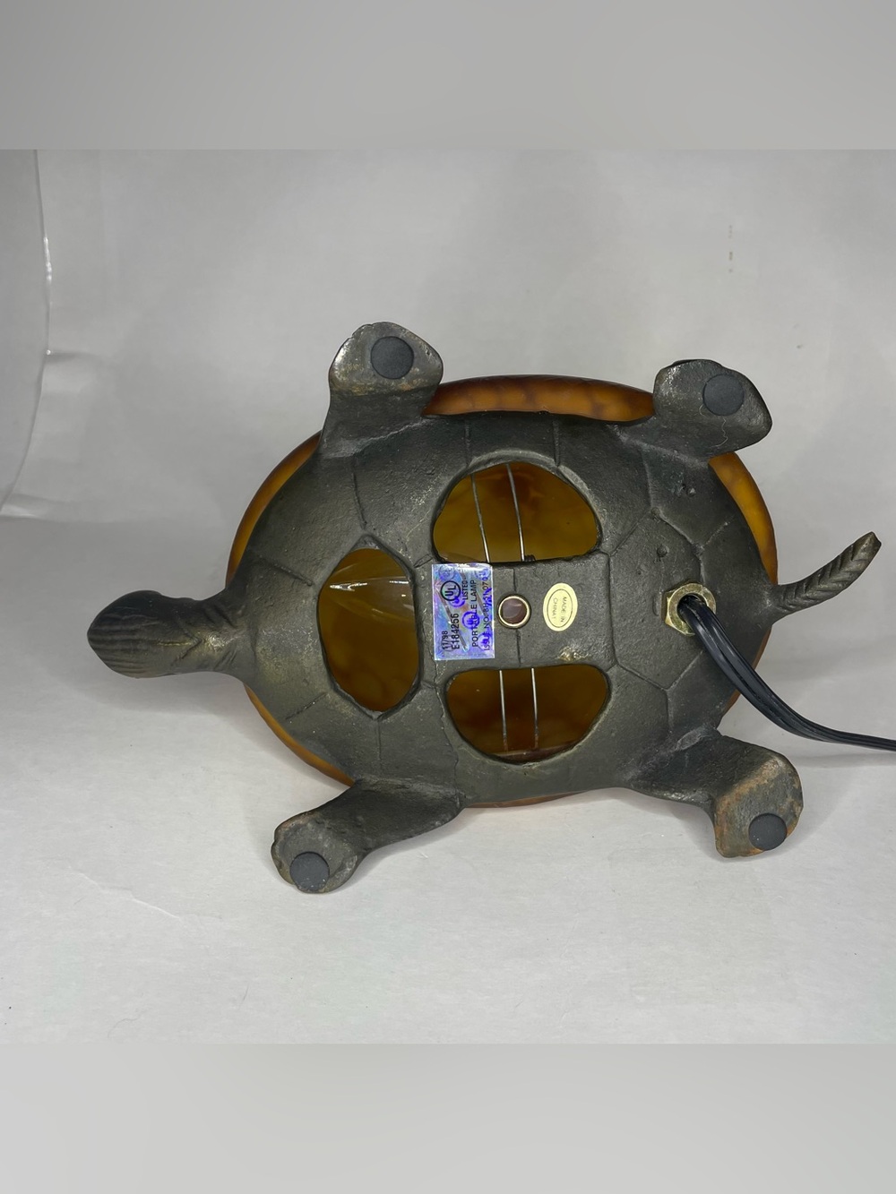 VTG Amber Mottled Tiffany Style Glass & Brass Turtle Table Accent/Night Light 8" - Picture 7 of 10